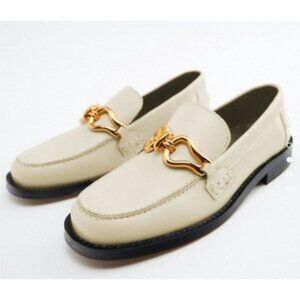 ZARA White Leather Horsebit Loafers Women EU 39 US 8. 5 Gold Buckle AIRFIT Flat